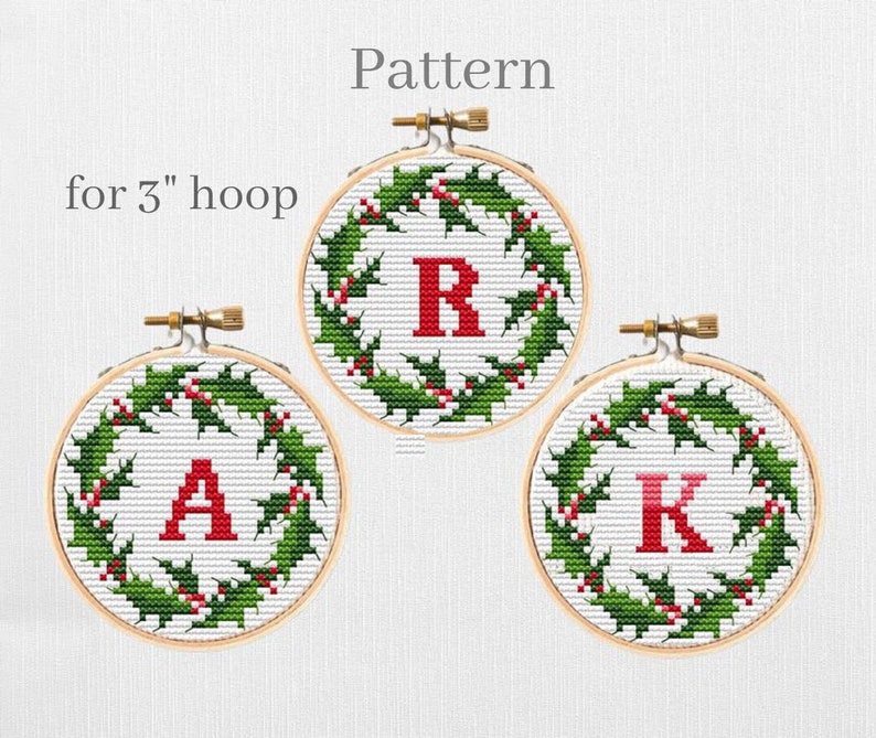 Christmas monogram cross stitch pattern for initial ornament with monogram letters 3 inch hoop