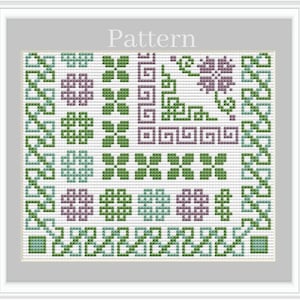 May include: A cross stitch pattern with the word "Pattern" at the top. The pattern features a variety of geometric shapes in shades of green, purple, and blue.