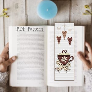 Bladwijzerpatroon koffie kruissteek met koffiekopje en chocoladeharten xstitch