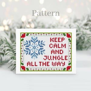 Klein kruissteekpatroon kerstkaart, kerstkaarten met alfabetkaart, kerstwensen, blijf kalm en jungle