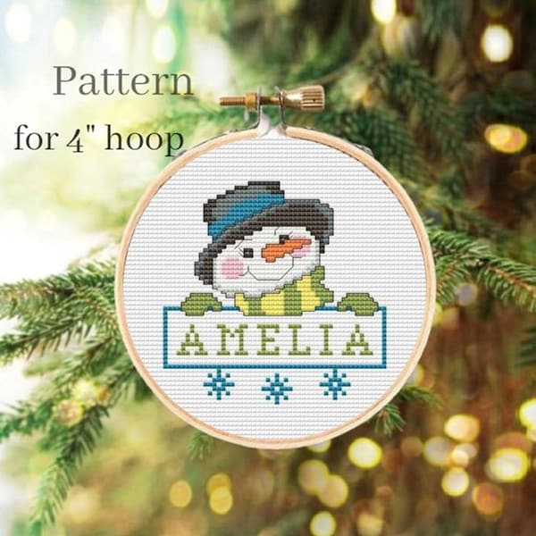 Personalized snowman ornament cross stitch pattern Name ornament for 4 inch hoop Family ornament hand embroidery pattern