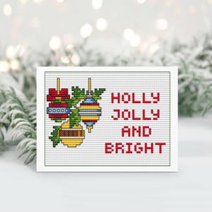Cartões de Natal com Holly Jolly e Bright, padrão de enfeite de ponto cruz com desejos de Natal, cartão de Natal faça você mesmo