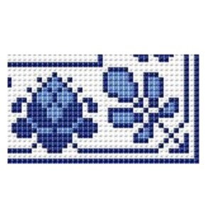 May include: A blue and white cross stitch pattern with two stylized flowers. The flowers are in a blue and white color scheme.