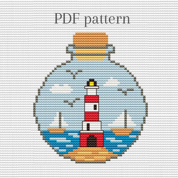 Lighthouse cross stitch pattern, Bottle cross stitch, Sea cross stitch, Beach cross stitch