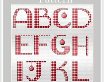 May include: Cross-stitch pattern featuring the alphabet in a red and white gingham design. Each letter is meticulously crafted with a checkered pattern, and some letters include a small ornament. The word "Pattern" is at the top.