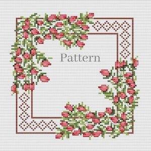 Floral frame cross stitch pattern, Rose border pattern, Floral corner hand embroidery pattern
