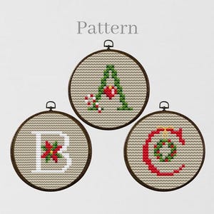 Christmas monogram cross stitch pattern with ABC chart, Initial ornament for 2 or 3 inch hoop, Cross stitch letters