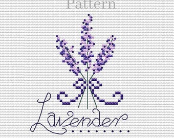 May include: Cross stitch pattern for a bouquet of lavender flowers with the word "Lavender" written in cursive below. The pattern is on a white background with a grid.