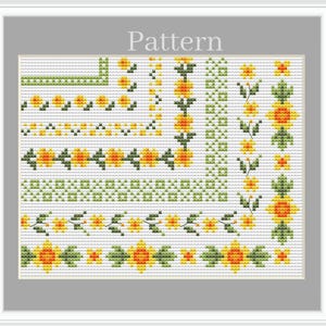 Peut inclure: Motif de point de croix avec une variété de bordures florales et de motifs en jaune, orange et vert. Le motif comprend une variété de motifs floraux, y compris des tournesols, des feuilles et des tiges.