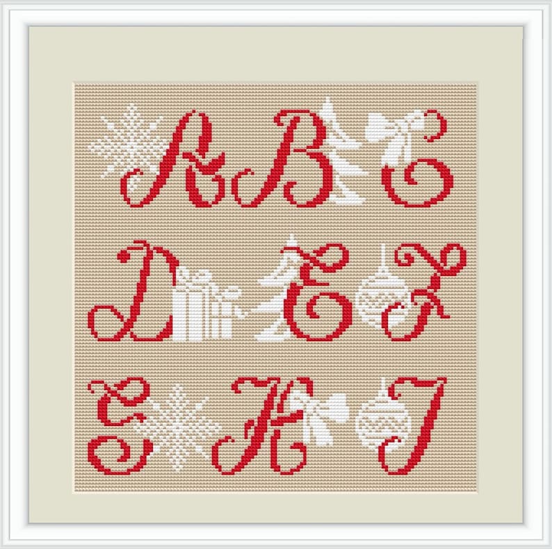 May include: Red embroidered letters spelling "Merry Christmas" with white snowflake, tree, gift, and ornament designs.