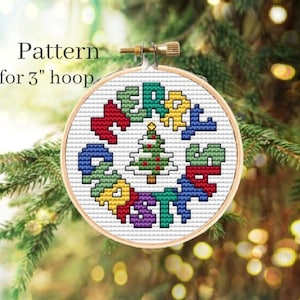 Merry Christmas ornament cross stitch pattern with ABC chart, Initial ornament, Christmas monogram hand embroidery pattern