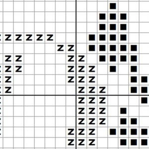 May include: Black and white pixel art design of a stylized bird with a long beak and a wingspan. The bird is facing right and is in a flying position.
