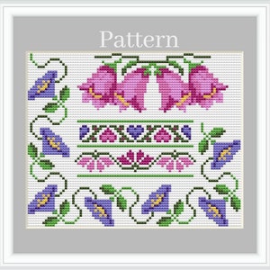 May include: Cross-stitch pattern featuring floral designs in shades of purple, pink, and green. The word "Pattern" is displayed at the top. The design includes stylized flowers and vines, creating a decorative and detailed composition.