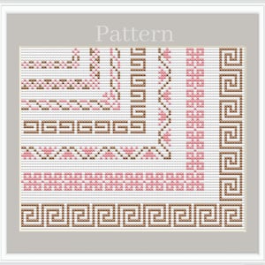 Puede incluir: Un diseño de patrón de punto de cruz con varios estilos de borde. Los bordes incluyen patrones geométricos y florales en tonos marrón y rosa sobre un fondo blanco. La palabra "Pattern" está en la parte superior de la imagen.