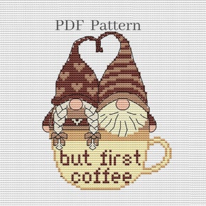 Kaffeezwerg Kreuzstichmuster, Stickmuster But Kaffee zuerst, Wichtelpaar, Wichtelfamilie