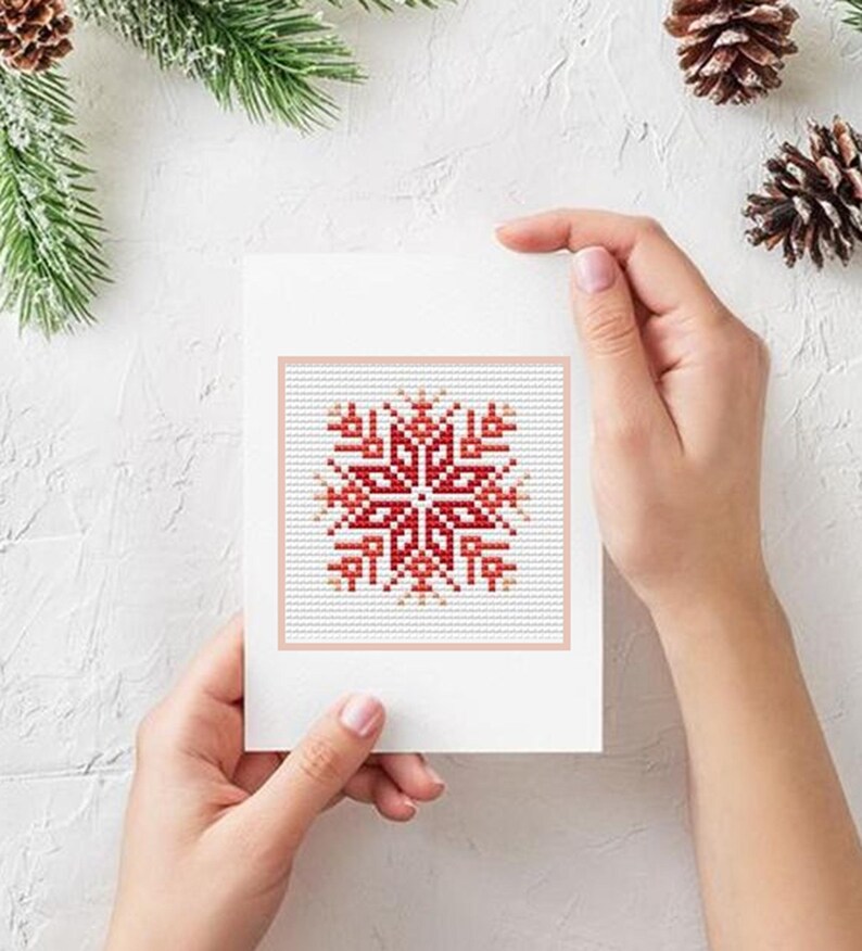 Puede incluir: Una tarjeta de felicitaci&oacute;n blanca con un dise&ntilde;o de copo de nieve rojo y blanco en punto de cruz. La tarjeta est&aacute; sostenida por manos, con pi&ntilde;as y vegetaci&oacute;n en el fondo, lo que sugiere un tema invernal o festivo.