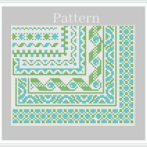 May include: A framed image featuring various geometric patterns in shades of teal and green on a white background. The word "Pattern" is displayed at the top. The patterns include borders and repeating motifs, suitable for textile or design applications.