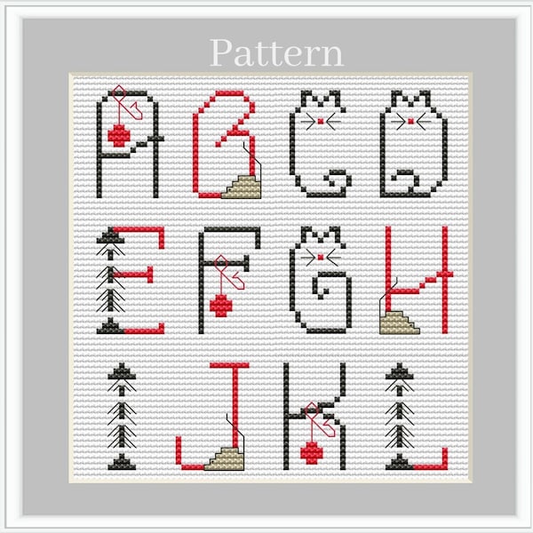 Cat alphabet cross stitch alphabet with cat shaped letters and numbers