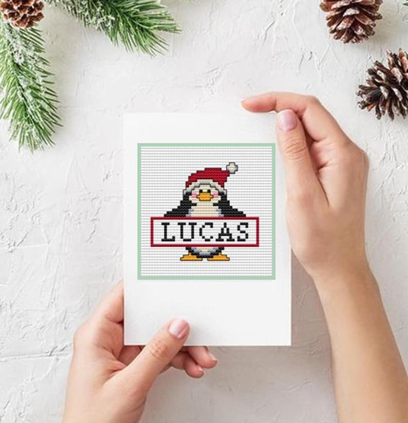 Small Penguin Cross Stitch Ornament Pattern, Pesonalized Christmas