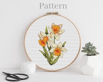 Daffodil cross stitch pattern, Narcissus cross stitc,h March birth flower, Floral cross stitch