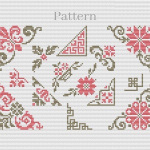 Könnte beinhalten: Ein Kreuzstichmuster mit verschiedenen floralen und geometrischen Designs in Rosa- und Brauntönen. Das Muster ist oben mit "Pattern" beschriftet.