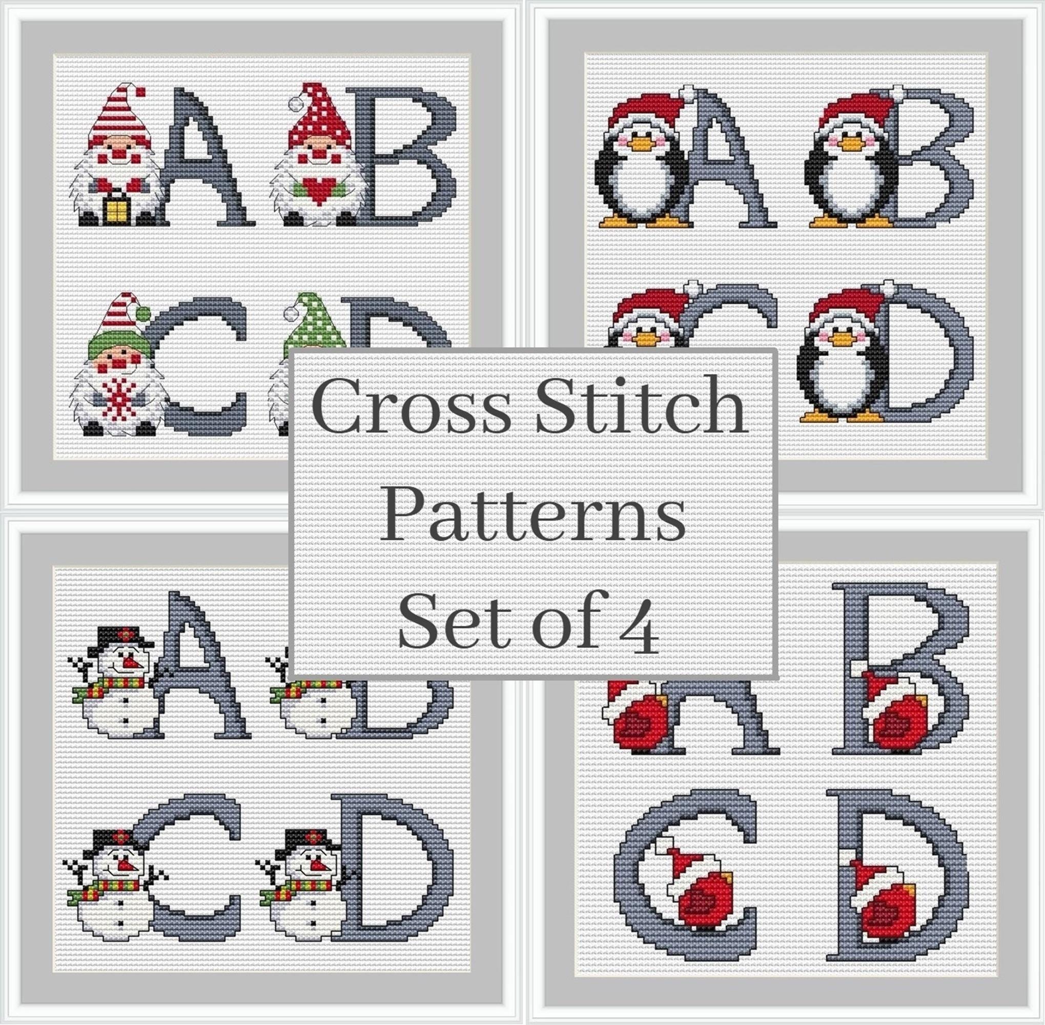 Christmas alphabet cross stitch pattern, ABC charts Set of 4, Cross stitch letters, Monogram fonts