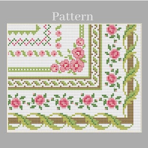 May include: A cross-stitch pattern featuring a floral border design with pink roses, green leaves, and brown vine-like elements on a white grid background. The word Pattern is printed in white at the top centre of the image.