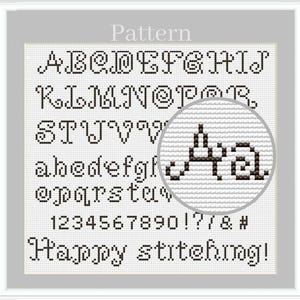 Alphabet cross stitch pattern with small cursive letters and numbers
