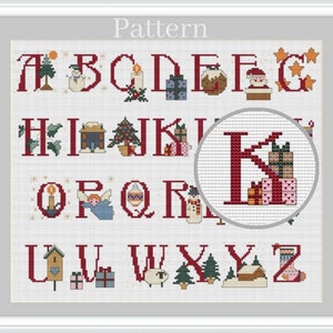 Christmas alphabet cross stitch pattern, Cross stitch letters, Cross stitch fonts, Monogram fonts