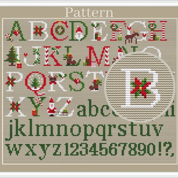 Motif de point de croix de l'alphabet de Noël, Polices de Noël, Lettres au point de croix, Polices de monogramme, Lettres initiales