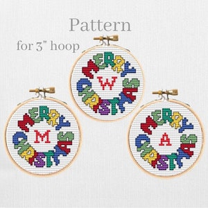 Merry Christmas ornament cross stitch pattern with ABC chart, Initial ornament with alphabet chart, Christmas monogram pattern
