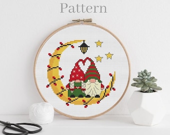 Christmas gnomes cross stitch pattern Moon cross stitch Gnome family