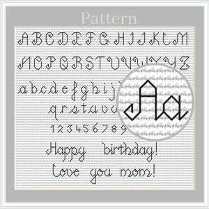 Backstitch alphabet cross stitch pattern, Cursive alphabet chart, Cross stitch font, Cross stitch letters and numbers, Small ABC chart