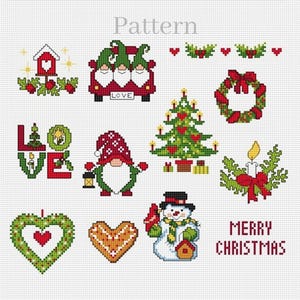 Puede incluir: Un patrón de punto de cruz con diseños navideños. Incluye un camión rojo con gnomos, un árbol de Navidad, un muñeco de nieve, coronas, corazones y las palabras "LOVE" y "MERRY CHRISTMAS". La palabra "Pattern" está en la parte superior.