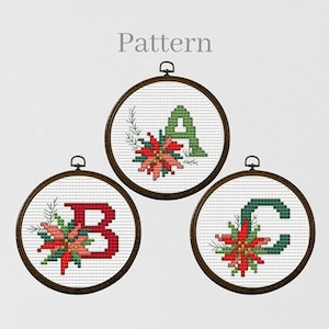 Poinsettia cross stitch ornament pattern with ABC chart, Christmas monogram letters for 3 inch hoop ornament, Initial ornament