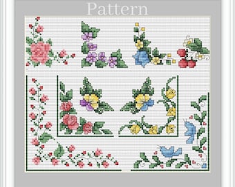 Cross stitch borders, Floral corners, Cross stitch frames, Rose border pattern, Flower cross stitch