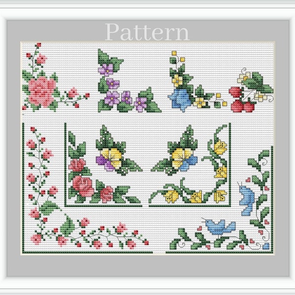 Cross stitch borders, Floral corners, Cross stitch frames, Rose border pattern, Flower cross stitch