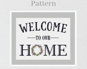 Welcome to our home cross stitch pattern, Lavender wreath hand embroidery pattern