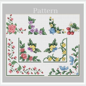 Cross stitch borders, Floral corners, Cross stitch frames, Rose border pattern, Flower cross stitch