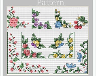 Cross stitch borders, Floral corners, Cross stitch frames, Rose border pattern, Flower cross stitch