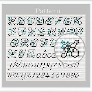 Letras de punto de cruz, Patrón de punto de cruz del alfabeto cursivo, Fuentes de monograma, Alfabeto floral azul, Gráfico ABC
