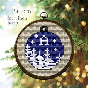 Monogram ornament cross stitch pattern with ABC chart, Initial ornament for 3 inch hoop, Small Christmas ball pattern with alphabet chart