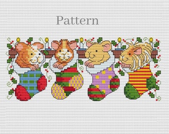 Christmas guinea pigs cross stitch pattern, Christmas animals hand embroidery pattern