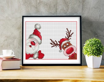 Funny Santa Claus cross stitch pattern PDF Christmas reindeer cross stitch for cards