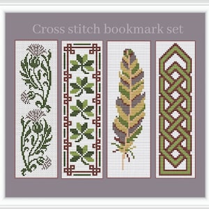 Celtic cross stitch bookmark pattern, Thistle cross stitch book tracker, Feather bookmark, Celtic knots hand embroidery pattern