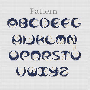Alphabet cross stitch pattern, Cross stitch fonts, Cross stitch letters, Night sky monogram fonts