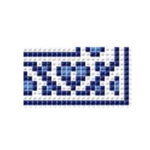 May include: Blue and white patterned border with a repeating design. The border is made of small squares.
