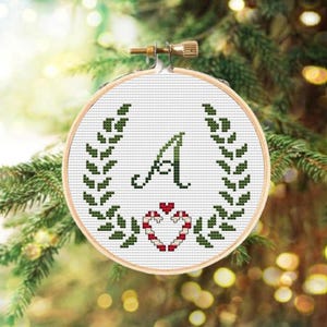 Christmas wreath cross stitch pattern with alphabet chart for personalized ornament, DIY small Christmas cards