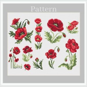 Poppy cross stitch pattern, Cross stitch flowers, Small poppies hand embroidery pattern