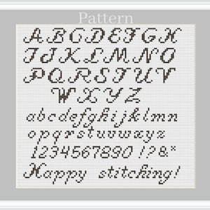 筆記体アルファベットのクロスステッチパターン、クロスステッチフォント、クロスステッチの文字、クロスステッチの数字、ABC チャート